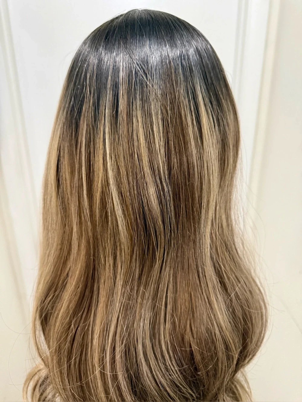 HAIR, 30” Long Layers, Center Part Ombre Variegated Highlighted Brown Shades